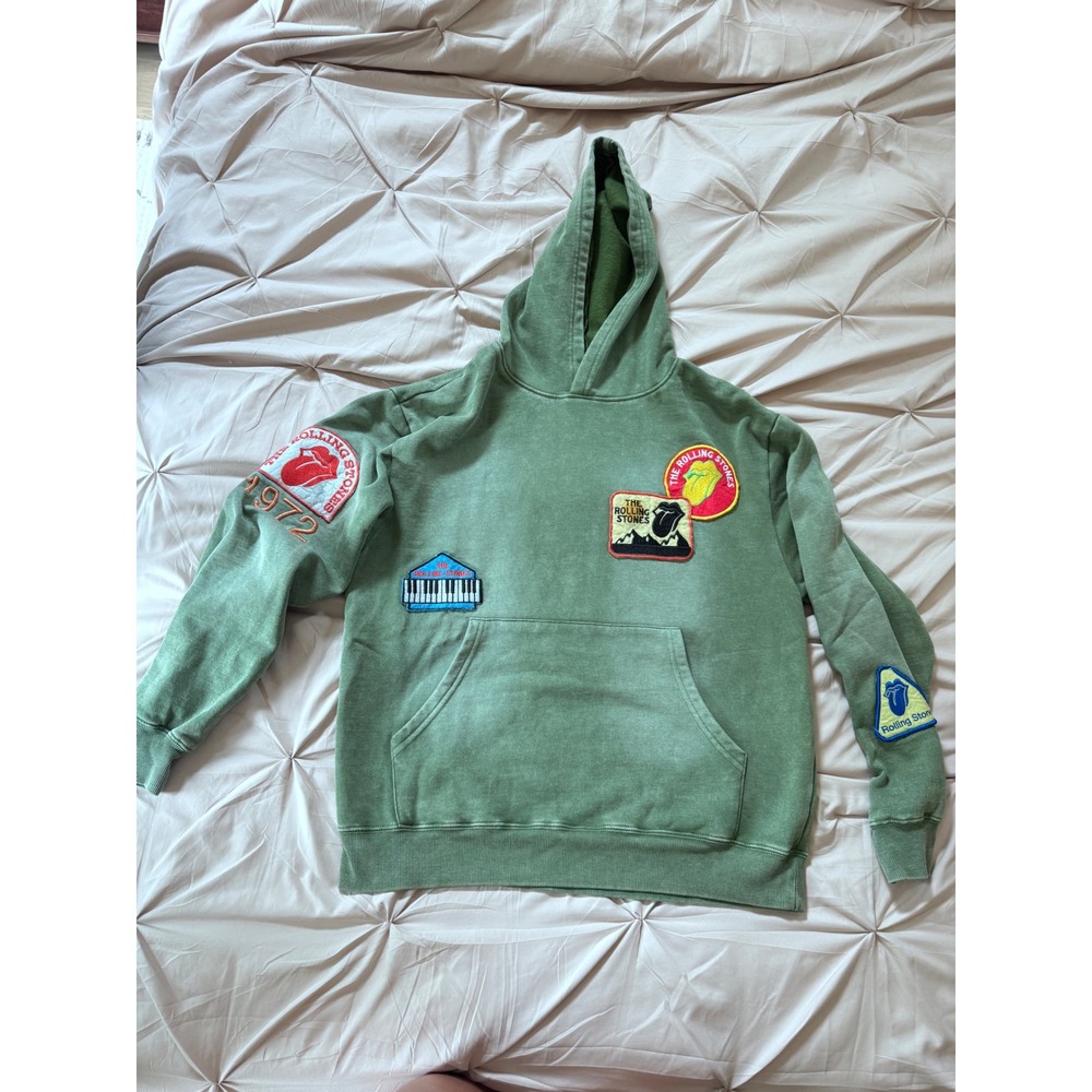 Rolling Stones Multi Patch Hoodie Green Mens Small Rock Band Pullover Fleece - Picture 2 of 9